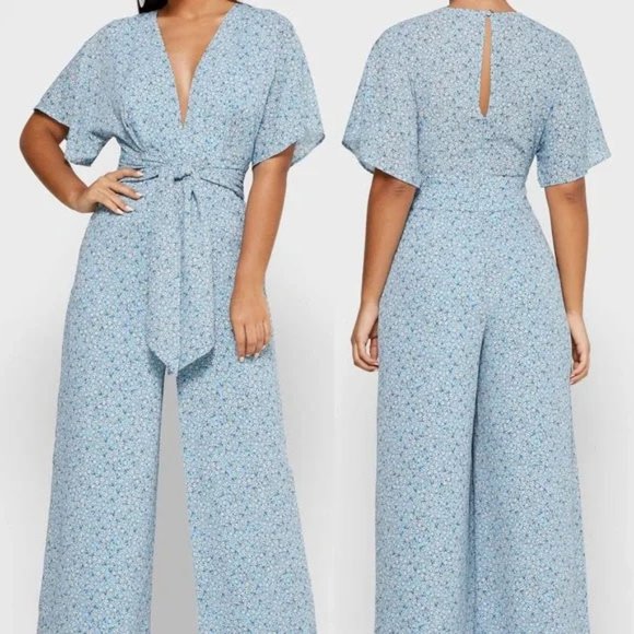 Finders Keepers Pants - Finders Keepers Blossom Pantsuit Jumpsuit M Plunging V Neck Blue Floral $180